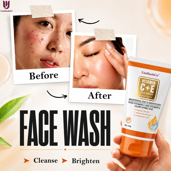 Vitamin C E Face Wash for Brightening Skin 120g before and after comparison highlighting improvements in skin texture.